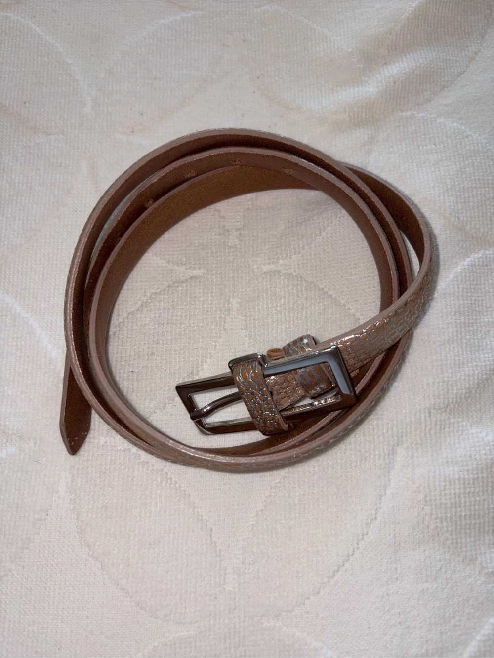 Rene Lezard Women’s Leather Belt with Textured Finish and Polished Silver Buckle